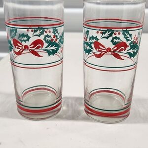 Vintage Holiday Holly Bow Tall Glasses - Set of 2